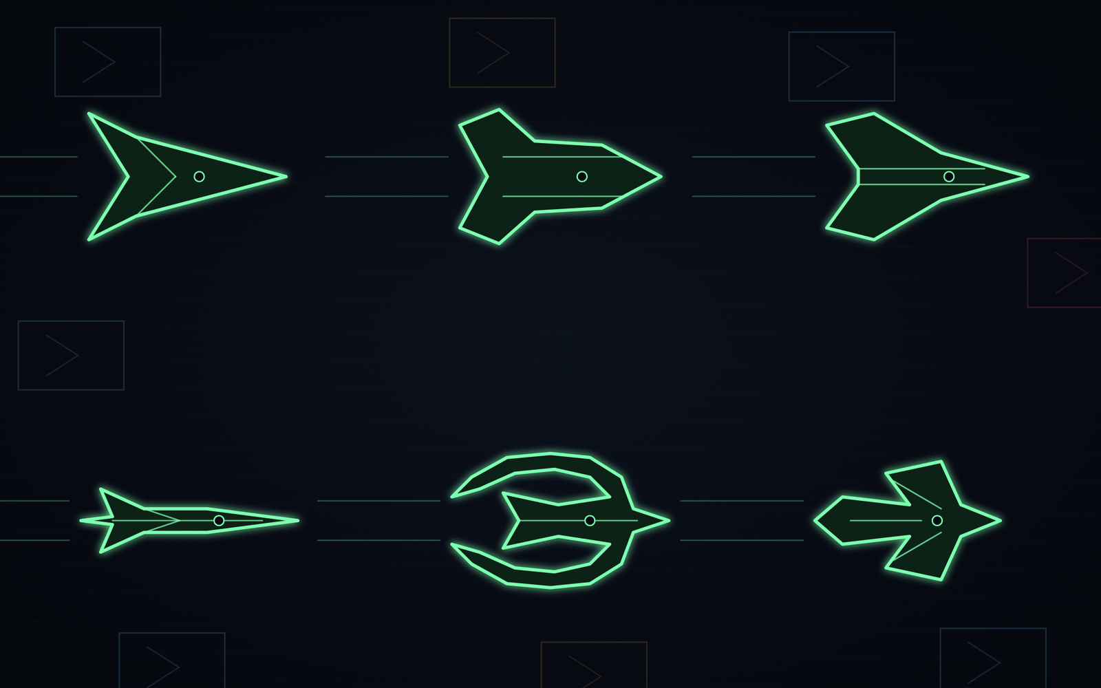 The six ships in mint neon: Vector, Mauler and Wasp above, Lance, Halo and Razor below.