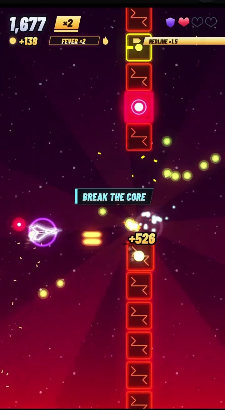 Flak Runner gameplay: the shielded gunship in Fever, breaking a sector core for 526 points.